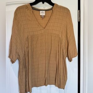 Knox Rose Boho Gauze Blouse XL Tan Babydoll Peasant Top Bohemian